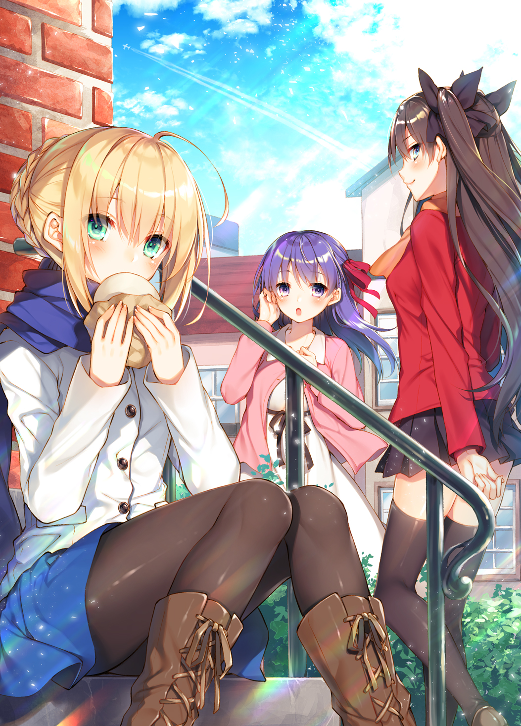 3girls :o ahoge arm_at_side artoria_pendragon_(all) bangs black_bow black_hair black_legwear black_skirt blue_eyes blue_scarf blue_skirt blush boots bow braid cardigan condensation_trail day dress eating eyebrows_visible_through_hair fate/stay_night fate_(series) food french_braid green_eyes hair_bow hair_bun hair_ribbon hand_in_hair hand_up highres holding holding_food knee_boots knees_together_feet_apart light_rays long_hair looking_at_viewer matou_sakura miniskirt multiple_girls open_cardigan open_clothes outdoors pantyhose pleated_skirt purple_hair purple_ribbon railing red_sweater ribbon saber scarf sidelocks sitting skirt stairs standing sunbeam sunlight thigh-highs tohsaka_rin toosaka_asagi two_side_up violet_eyes white_dress wind wind_lift zettai_ryouiki