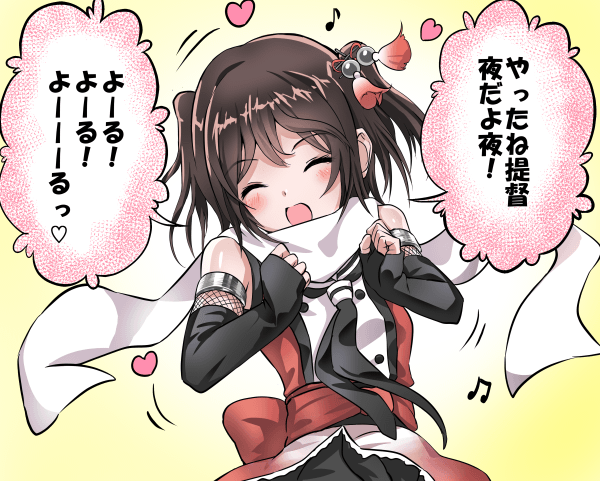 1girl ^_^ ^o^ beamed_quavers black_gloves black_neckwear brown_hair closed_eyes commentary_request elbow_gloves fingerless_gloves gloves heart kantai_collection musical_note neckerchief open_mouth quaver remodel_(kantai_collection) scarf school_uniform sendai_(kantai_collection) serafuku short_hair sleeveless smile solo speech_bubble tooi_aoiro translation_request two_side_up white_scarf