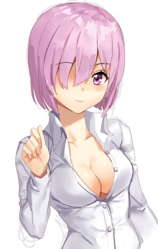 1girl blush breasts cleavage collarbone fate/grand_order fate_(series) hair_over_one_eye large_breasts light_smile looking_at_viewer mash_kyrielight open_clothes purple_hair shirt short_hair shovelwell simple_background solo violet_eyes white_background white_shirt