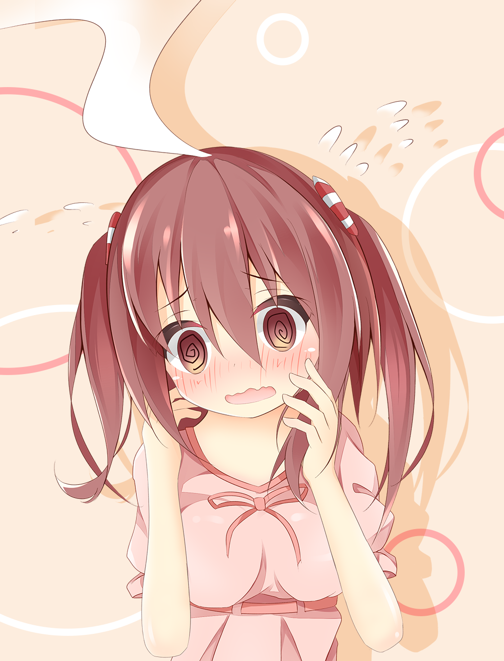 1girl @_@ blush breasts brown_eyes brown_hair commentary_request dress ebina_nana flying_sweatdrops hair_tie hands_on_own_face hands_up head_tilt highres himouto!_umaru-chan kushida_you looking_at_viewer medium_breasts nose_blush open_mouth pink_dress pink_ribbon puffy_short_sleeves puffy_sleeves ribbon short_sleeves solo striped two_side_up upper_body wavy_mouth