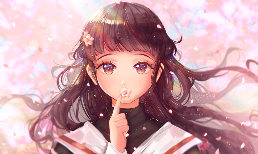 1girl artist_name bangs blunt_bangs blurry blurry_background blush brown_eyes brown_hair card_captor_sakura cherry_blossoms covered_mouth daidouji_tomoyo depth_of_field flower hair_flower hair_ornament index_finger_raised long_hair long_sleeves looking_at_viewer numyumy outdoors petals shiny shiny_hair solo tareme turtleneck upper_body