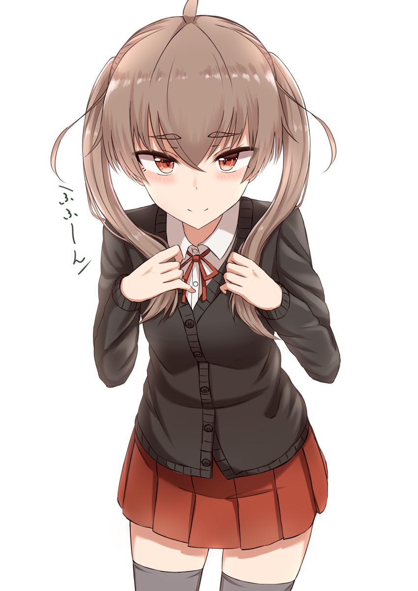 1girl ahoge bangs black_legwear blush brown_eyes brown_hair cardigan closed_mouth collared_shirt eyebrows_visible_through_hair grey_hair hair_between_eyes hands_up highres light_smile looking_at_viewer md5_mismatch original pleated_skirt rabochicken red_skirt revision school_uniform shirt simple_background skirt smile solo thick_eyebrows thigh-highs twintails white_background white_shirt
