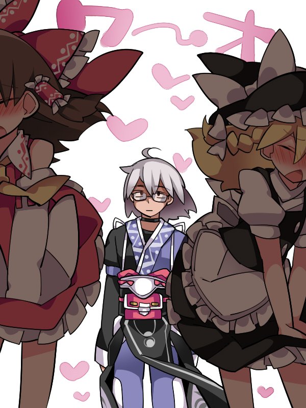 1boy 2girls ahoge apron ascot blonde_hair blush bow braid brown_hair choker closed_eyes detached_sleeves eyebrows_visible_through_hair frills glasses grey_hair hair_between_eyes hair_bow hair_tubes hakurei_reimu hammer_(sunset_beach) hat heart japanese_clothes kirisame_marisa long_hair long_sleeves morichika_rinnosuke multiple_girls nontraditional_miko open_mouth pants puffy_short_sleeves puffy_sleeves short_hair short_sleeves single_braid skirt skirt_set skirt_tug touhou wide_sleeves wind wind_lift witch_hat