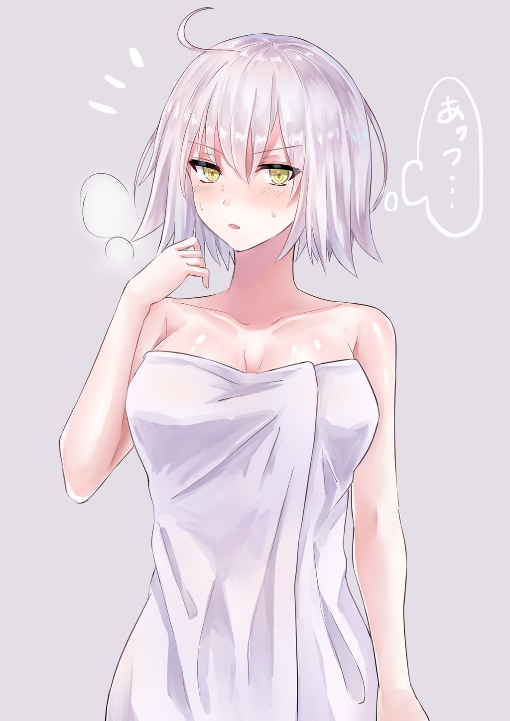 1girl ahoge bare_shoulders breasts cleavage collarbone eyebrows_visible_through_hair fate/grand_order fate_(series) grey_background highres jeanne_d'arc_(alter)_(fate) jeanne_d'arc_(fate)_(all) large_breasts looking_at_viewer naked_towel parted_lips rossa_(pixiv27548922) short_hair simple_background solo thought_bubble towel translation_request white_hair yellow_eyes