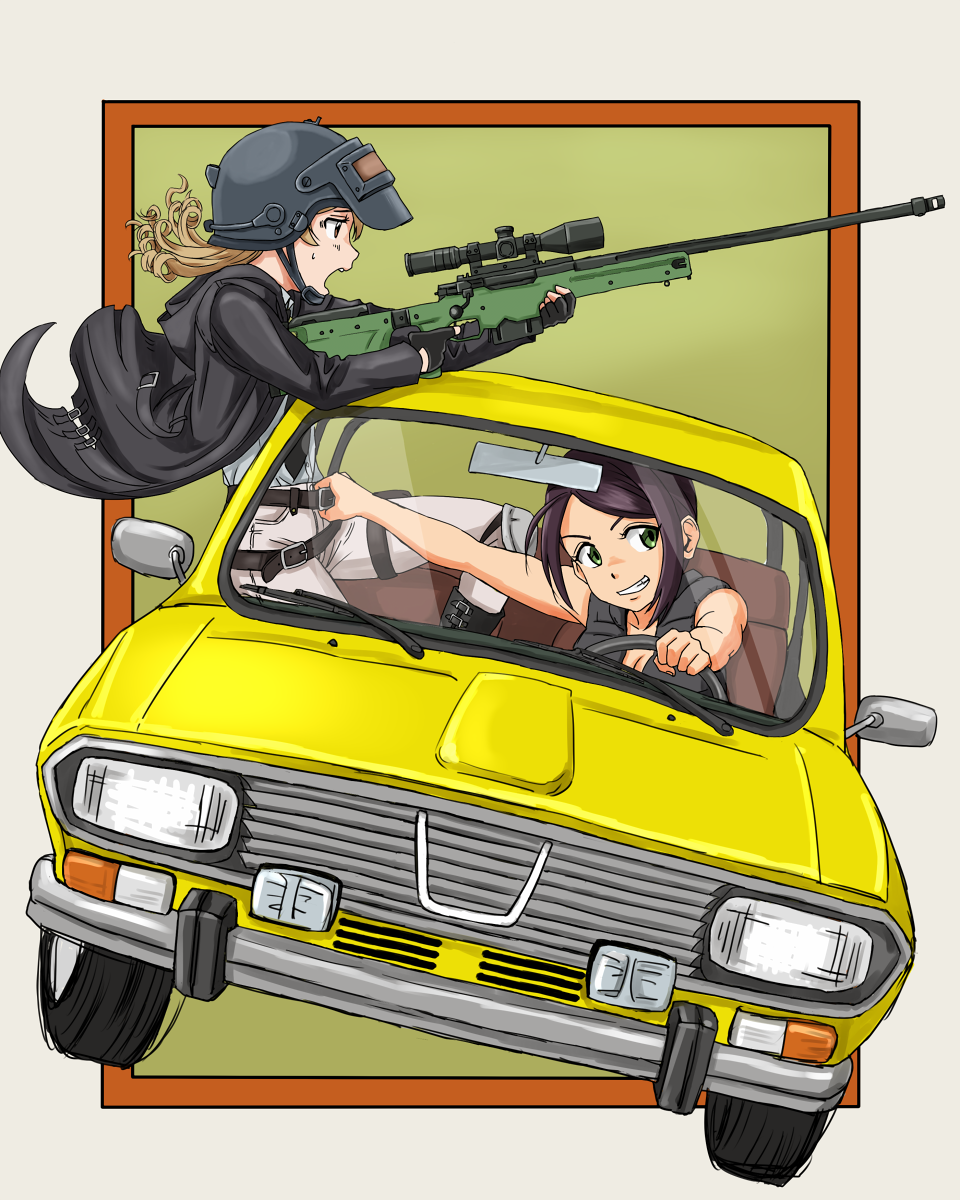 2girls armor bangs bare_arms bare_shoulders black_footwear black_gloves black_neckwear boots breasts brown_hair car cleavage commentary_request dacia_1300 driving finger_on_trigger fingerless_gloves gameplay_mechanics gloves green_eyes grin ground_vehicle gun hair helmet highres holding hood hood_down hooded_jacket idolmaster idolmaster_cinderella_girls jacket jazzjack knee_boots long_sleeves medium_breasts morikubo_nono motor_vehicle multiple_girls necktie open_clothes open_jacket open_mouth pants parted_bangs playerunknown's_battlegrounds pocket ponytail rifle scope shirt sleeveless sleeveless_shirt smile sniper_rifle sweatdrop upper_teeth violet_eyes weapon white_pants white_shirt yamato_aki