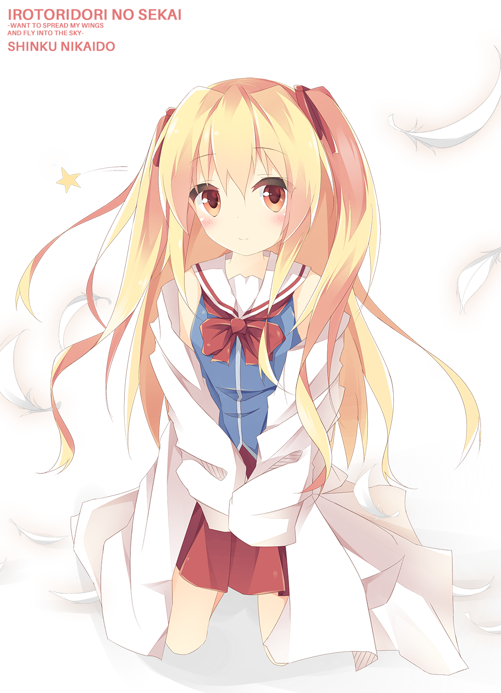 1girl bangs blonde_hair blue_footwear blush bow bowtie character_name closed_mouth commentary_request copyright_name eyebrows_visible_through_hair feathers full_body hair_between_eyes hands_in_sleeves highres irotoridori_no_sekai kneeling kushida_you labcoat long_hair long_sleeves nikaidou_shinku off_shoulder pleated_skirt red_eyes red_neckwear red_skirt sailor_collar school_uniform serafuku shirt skirt sleeveless sleeveless_shirt smile solo star two_side_up very_long_hair white_background white_coat white_sailor_collar