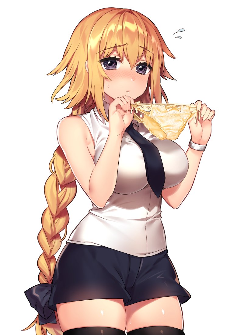 1girl black_legwear blonde_hair blush bow breasts closed_mouth cowboy_shot eyebrows_visible_through_hair fate/apocrypha fate_(series) flying_sweatdrops hair_bow holding holding_panties jeanne_d'arc_(fate) jeanne_d'arc_(fate)_(all) large_breasts long_hair necktie panties sakura_yuki_(clochette) shirt short_shorts shorts sleeveless sleeveless_shirt solo sweatdrop thigh-highs underwear very_long_hair violet_eyes yellow_panties