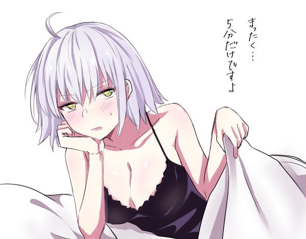 1girl ahoge blush breasts cleavage collarbone eyebrows_visible_through_hair fate/grand_order fate_(series) jeanne_d'arc_(alter)_(fate) jeanne_d'arc_(fate)_(all) large_breasts looking_at_viewer lying on_side parted_lips rossa_(pixiv27548922) short_hair solo translation_request white_hair yellow_eyes