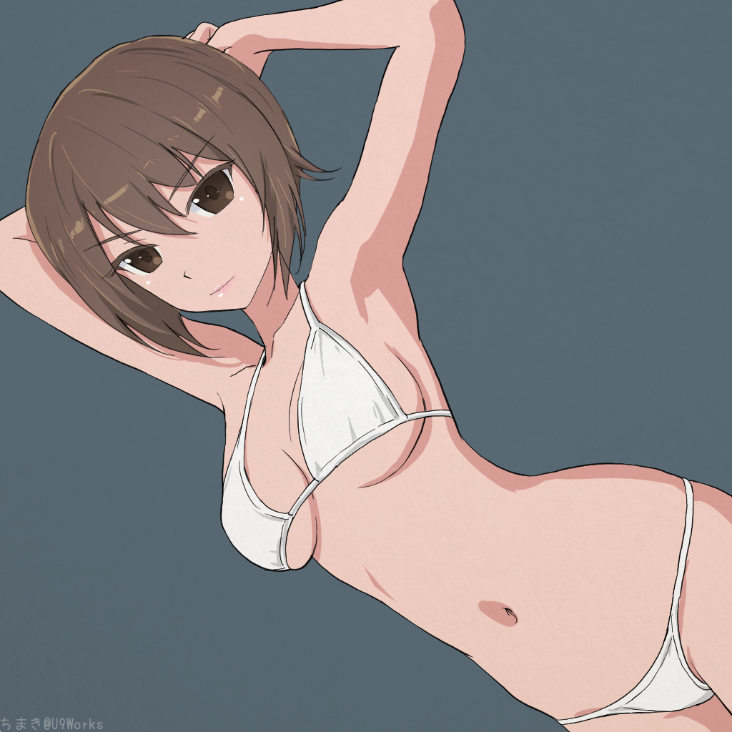 1girl armpits arms_behind_head arms_up artist_name bikini breasts brown_eyes brown_hair chimaki_(u9works) cleavage closed_mouth colored_eyelashes cowboy_shot dutch_angle eyebrows_visible_through_hair girls_und_panzer hair_between_eyes light_smile lips looking_at_viewer medium_breasts navel nishizumi_maho short_hair simple_background solo swimsuit tsurime white_bikini