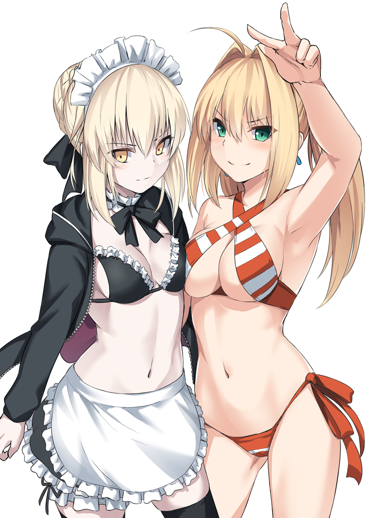 2girls ahoge apron armpits artoria_pendragon_(all) bikini black_legwear blonde_hair blush braid breast_press breasts cleavage closed_mouth earrings fate/grand_order fate_(series) french_braid green_eyes jewelry long_hair looking_at_viewer maid_bikini maid_headdress medium_breasts multiple_girls navel nero_claudius_(fate)_(all) nero_claudius_(swimsuit_caster)_(fate) pale_skin saber_alter saber_extra shiseki_hirame short_hair side-tie_bikini simple_background smile standing striped striped_bikini swimsuit thigh-highs twintails v white_background yellow_eyes