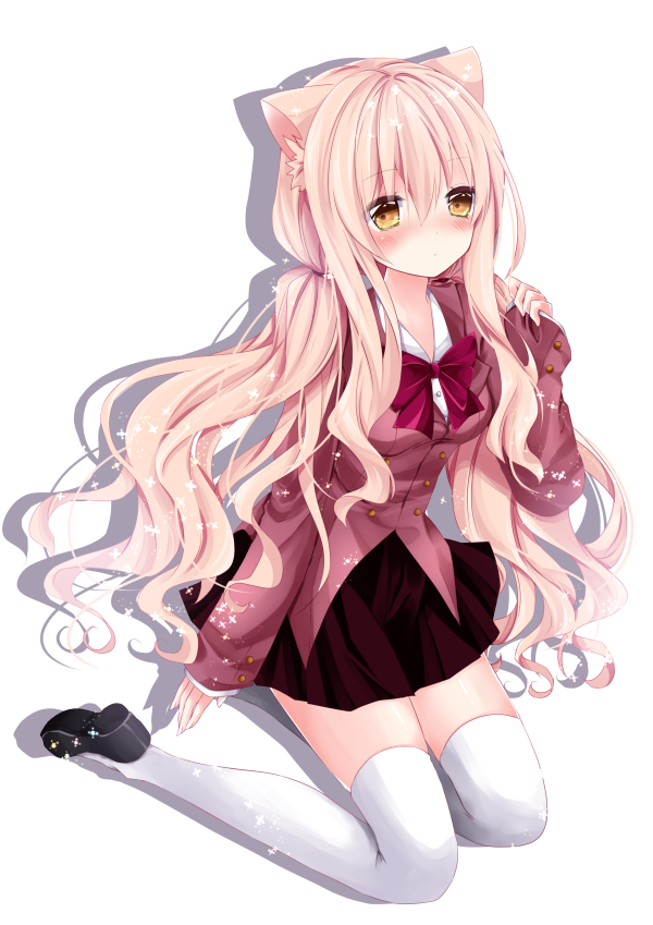 1girl animal_ears arm_at_side bangs black_footwear blazer blonde_hair blush bow bowtie cat_ears closed_mouth collared_jacket eyebrows_visible_through_hair full_body hair_between_eyes hand_up jacket long_hair long_sleeves looking_at_viewer low_twintails mary_janes nanase_kureha nanase_nao original pinching_sleeves purple_neckwear red_blazer school_uniform shirt shoes simple_background sitting sleeves_past_wrists solo sparkle thigh-highs twintails very_long_hair white_background white_legwear white_shirt yellow_eyes