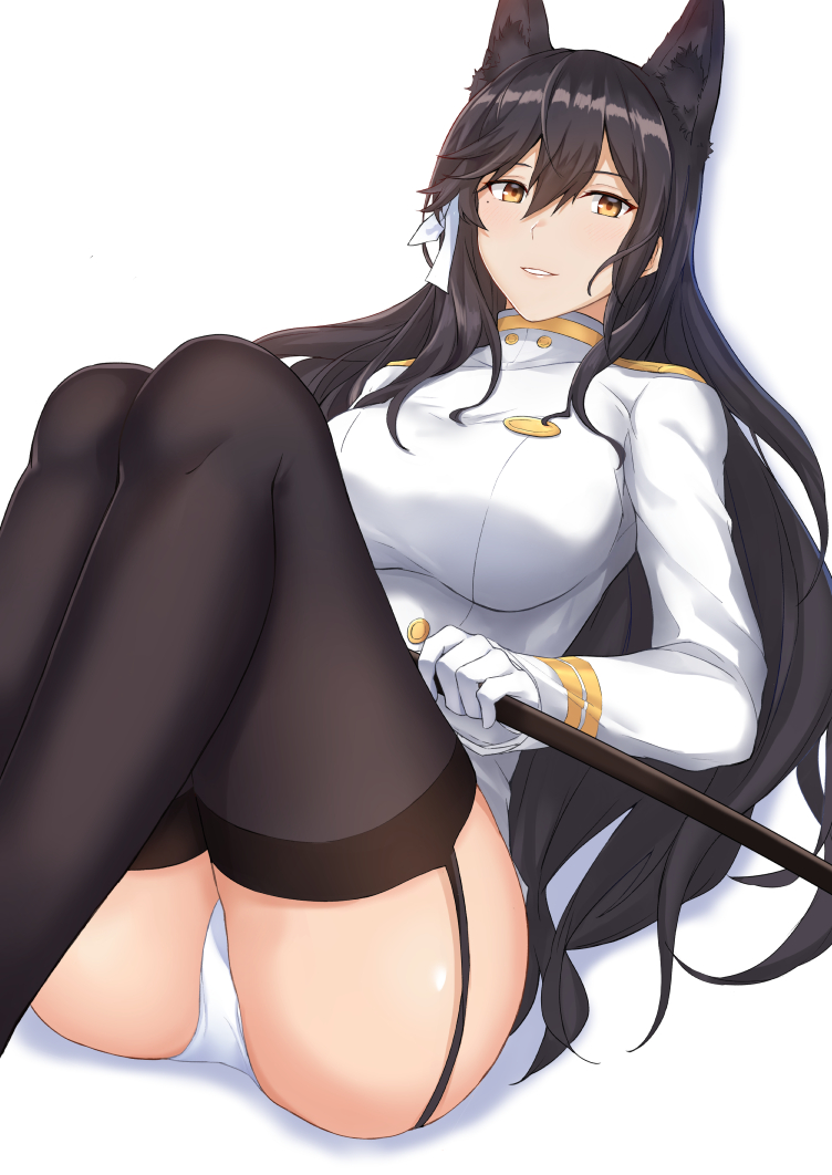 1girl animal_ears atago_(azur_lane) azur_lane black_hair black_legwear breasts commentary feet_out_of_frame garter_straps gloves hair_between_eyes hair_ribbon holding holding_weapon huge_breasts katana knees_up legs light_smile lipstick long_hair looking_at_viewer makeup military military_uniform miniskirt mole mole_under_eye open_mouth panties pantyshot pantyshot_(sitting) ribbon sheath sheathed simple_background sitting skirt solo sword teeth terry_(pixiv3274443) thigh-highs underwear uniform very_long_hair weapon white_background white_gloves white_panties yellow_eyes