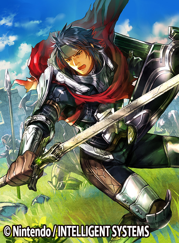 1boy armor beard blue_hair boots cape clouds copyright_name faceless faceless_male facial_hair fire_emblem fire_emblem:_kakusei fire_emblem_cipher furikawa_arika gloves grass headband helmet male_focus official_art open_mouth polearm priam shield sky solo spear sword torn_clothes weapon