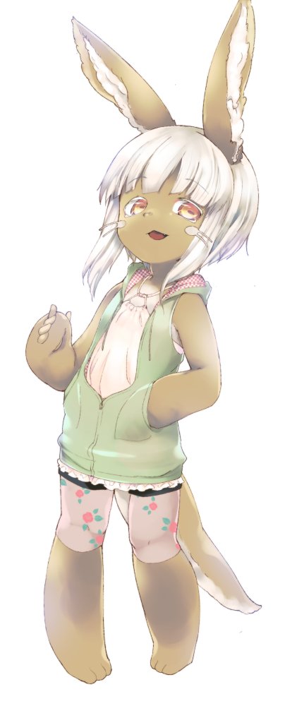 1girl animal_ears arm_up azuki_akizuki barefoot blush_stickers brown_eyes casual contemporary dog_tail full_body furry hand_in_pocket hood hoodie jacket leggings legwear_under_shorts made_in_abyss nanachi_(made_in_abyss) open_mouth pink_legwear pink_shirt print_legwear rabbit_ears shirt short_hair shorts silver_hair sleeveless sleeveless_hoodie sleeveless_jacket sleeveless_shirt smile solo tail unzipped whiskers zipper