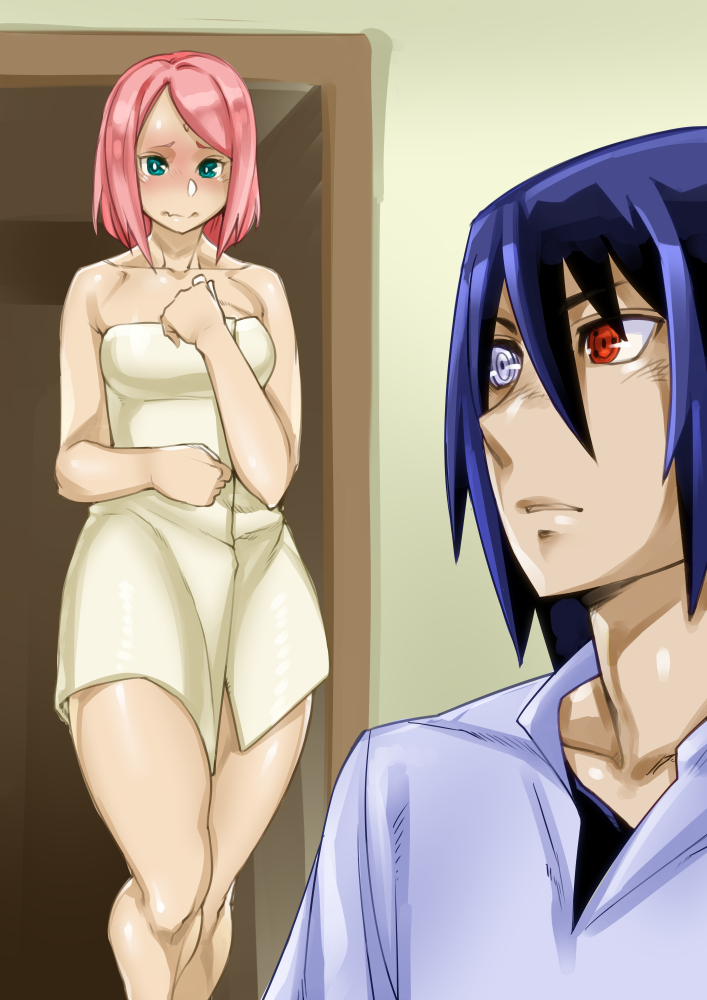 1boy 1girl bangs blush breasts commentary commentary_request door doorway facial_mark forehead_mark green_eyes haruno_sakura husband_and_wife konakona looking_back naked_towel naruto rinnegan sharingan short_hair swept_bangs towel uchiha_sasuke