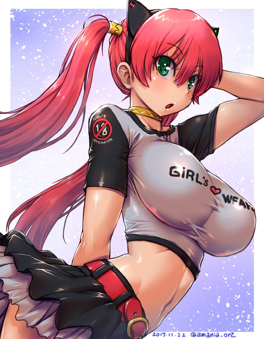 1girl amania_orz belt breasts choker commentary_request green_eyes large_breasts long_hair looking_at_viewer midriff navel open_mouth original redhead short_sleeves skirt solo twintails