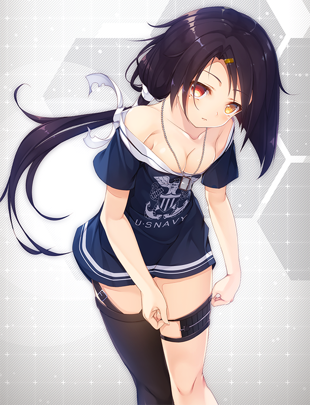 1girl azur_lane bare_shoulders black_hair black_legwear blush breasts cassin_(azur_lane) cleavage closed_mouth clothes_writing collarbone hair_ornament hairclip heterochromia hexagon kurenai_musume leaning_forward long_hair looking_at_viewer low_ponytail medium_breasts navy_blue_shirt red_eyes short_sleeves single_thighhighs solo thigh_strap yellow_eyes