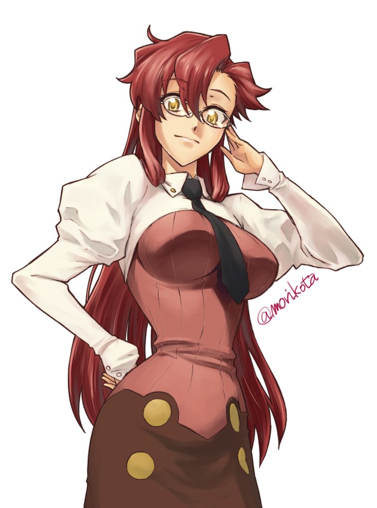 1girl adjusting_eyewear alternate_hairstyle bespectacled breasts glasses hair_down large_breasts long_hair looking_at_viewer mori_kotarou necktie redhead skirt smile solo teacher tengen_toppa_gurren_lagann very_long_hair yellow_eyes yoko_littner yomako