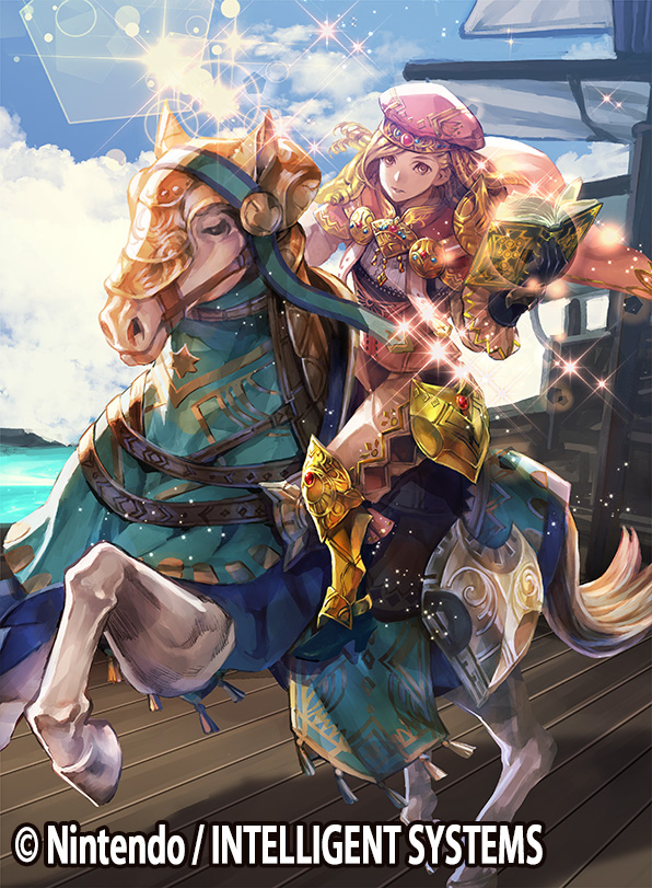 1boy beret blonde_hair book boots brown_eyes cape clouds copyright_name drill_hair fire_emblem fire_emblem_cipher fire_emblem_if foleo_(fire_emblem_if) furikawa_arika gloves hat horse long_hair male_focus official_art sky solo sparkle trap