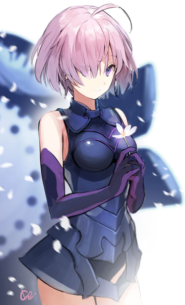 1girl ahoge armor armored_dress bare_shoulders black_dress black_gloves blurry breasts closed_mouth cowboy_shot depth_of_field dress elbow_gloves eyes_visible_through_hair fate/grand_order fate_(series) flower gloves hair_over_one_eye holding holding_flower ice_(ice_aptx) looking_at_viewer mash_kyrielight medium_breasts pink_hair short_hair signature simple_background sleeveless sleeveless_dress smile solo standing tareme violet_eyes white_background