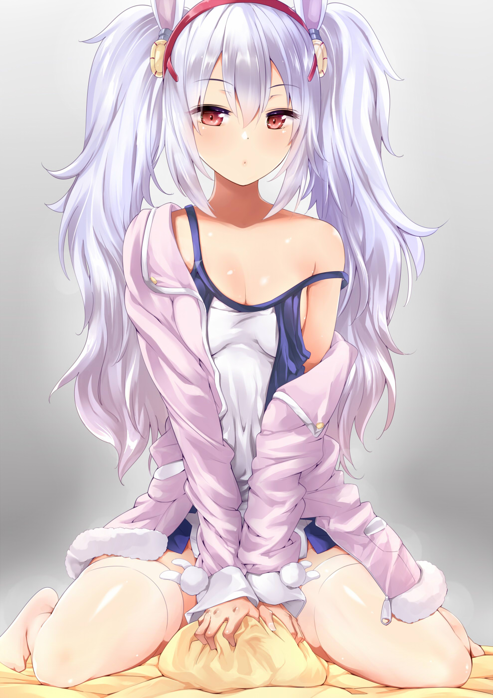 1girl amasora_taichi animal_ears azur_lane bangs bare_shoulders bed_sheet blanket blush breasts brown_eyes camisole closed_mouth collarbone eyebrows_visible_through_hair fur_trim hair_between_eyes hairband half-closed_eyes highres jacket laffey_(azur_lane) looking_at_viewer open_clothes open_jacket rabbit_ears sidelocks silver_hair sitting small_breasts solo strap_slip thigh-highs thighs v_arms wariza white_legwear