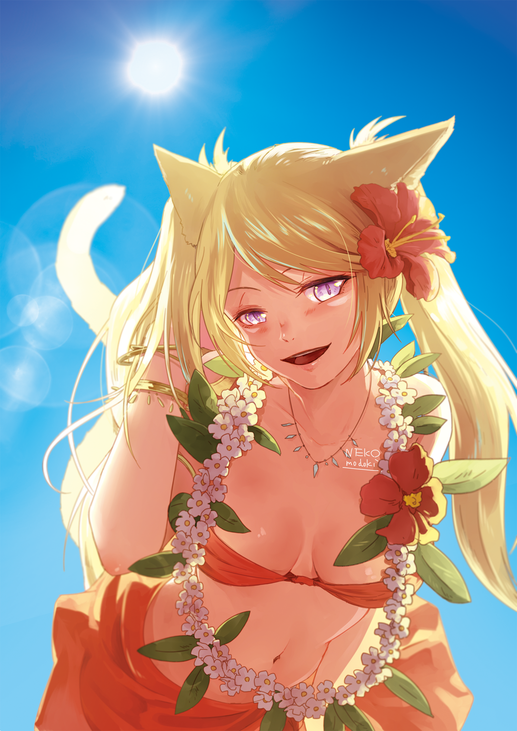 1girl :d animal_ears bikini blonde_hair blush bracelet collarbone final_fantasy final_fantasy_xiv flower hair_flower hair_ornament half-closed_eyes head_tilt highres jewelry leaning_forward lens_flare lili_mdoki looking_at_viewer miqo'te navel necklace open_mouth sky slit_pupils smile solo sun swimsuit tail twintails wind wreath