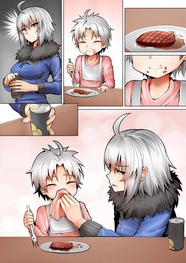 1boy 1girl ^_^ bib can cleaning closed_eyes comic commentary_request eating fate/grand_order fate_(series) fork fur_collar ginhaha hamburger_steak handkerchief holding jeanne_d'arc_(alter)_(fate) jeanne_d'arc_(fate)_(all) mother_and_son short_hair silent_comic silver_hair smile yellow_eyes