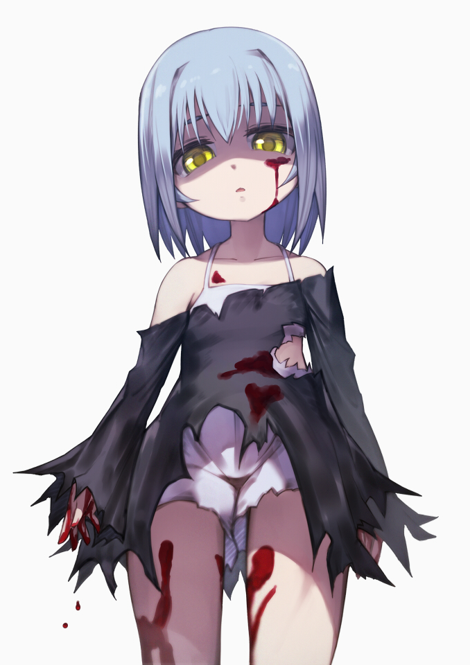 1girl assassin_of_black blood blood_on_face bloody_clothes cowboy_shot fate/apocrypha fate_(series) looking_at_viewer looking_down short_hair solo teko torn_clothes white_hair yellow_eyes
