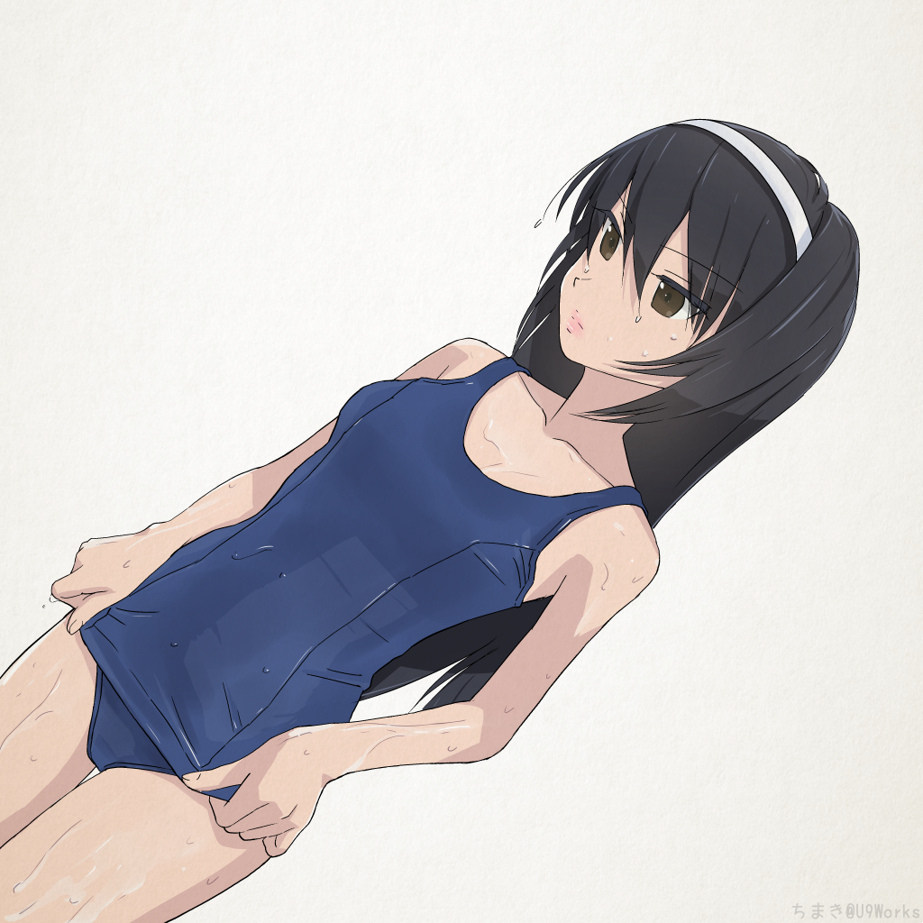 1girl adjusting_clothes adjusting_swimsuit black_hair breasts brown_eyes chimaki_(u9works) girls_und_panzer hair_between_eyes hairband long_hair reizei_mako school_swimsuit small_breasts solo swimsuit twitter_username wet wet_clothes wet_swimsuit white_background white_hairband