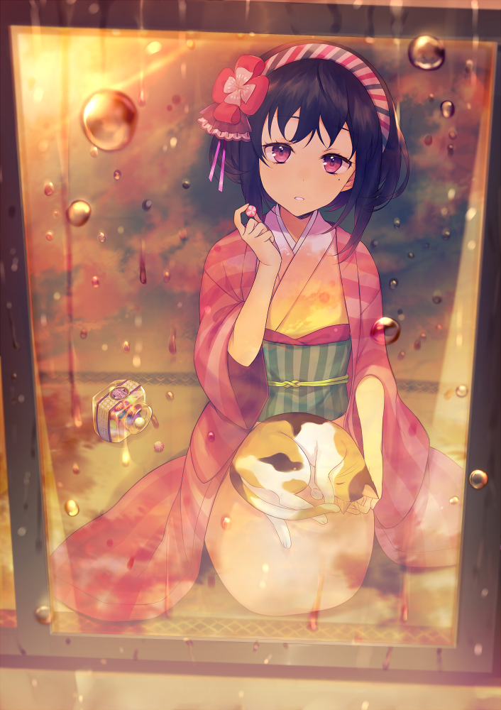 1girl achiki animal animal_on_lap bangs black_hair cat_on_lap headband japanese_clothes kimono looking_at_viewer mole mole_under_eye obi on_lap original parted_lips rain sash seiza short_hair sidelocks sitting solo tareme tatami violet_eyes wide_sleeves window yellow_kimono