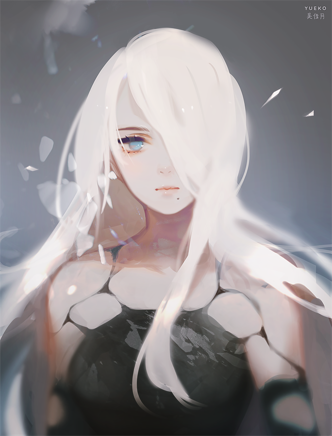 1girl black_dress blue_eyes closed_mouth dress eyelashes hair_over_one_eye jiayue_wu long_hair looking_at_viewer mole mole_under_mouth nier_(series) nier_automata no_pupils pink_lips solo white_hair yorha_type_a_no._2
