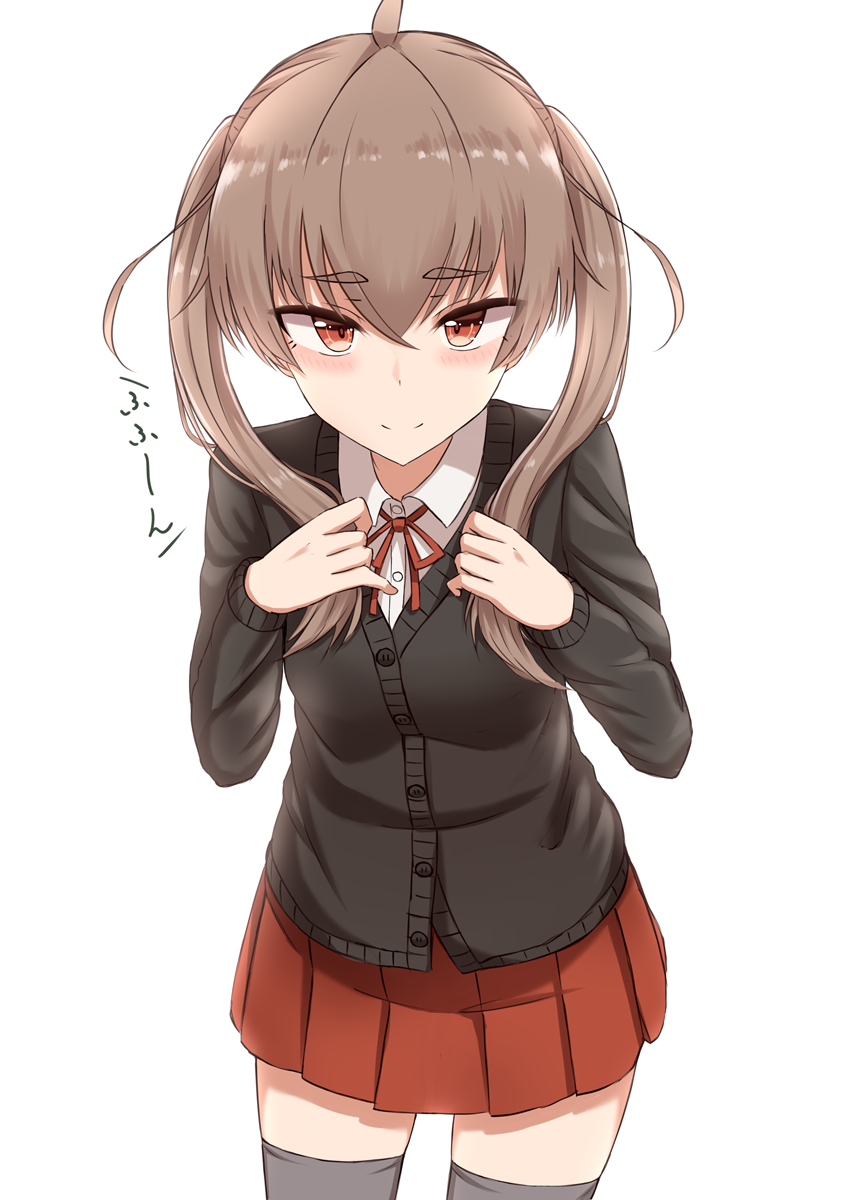 1girl ahoge bangs black_legwear blush brown_eyes brown_hair cardigan closed_mouth collared_shirt eyebrows_visible_through_hair grey_hair hair_between_eyes hands_up highres light_smile looking_at_viewer md5_mismatch original pleated_skirt rabochicken red_skirt revision school_uniform shirt simple_background skirt smile solo thick_eyebrows thigh-highs twintails white_background white_shirt