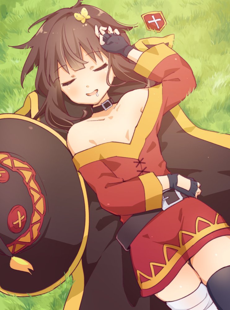 bandage bandaged_leg belt black black_gloves black_legwear cape closed_eyes collar dress drooling fingerless_gloves gloves hat kono_subarashii_sekai_ni_shukufuku_wo! megumin mismatched_legwear red_dress short_hair_with_long_locks single_thighhigh sleeping thigh-highs witch_hat