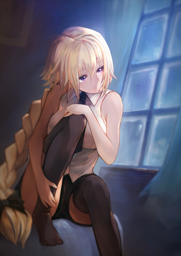 1girl bangs bare_arms bare_shoulders black_bow black_neckwear black_shorts blonde_hair blurry bow braid breasts closed_mouth collared_shirt depth_of_field eyebrows_visible_through_hair fate/apocrypha fate_(series) foreshortening hair_between_eyes hair_bow indoors jeanne_d'arc_(fate) jeanne_d'arc_(fate)_(all) knee_up long_hair medium_breasts necktie night no_shoes on_bed sad shirt shorts single_braid sitting sleeveless sleeveless_shirt solo teko very_long_hair violet_eyes white_shirt window
