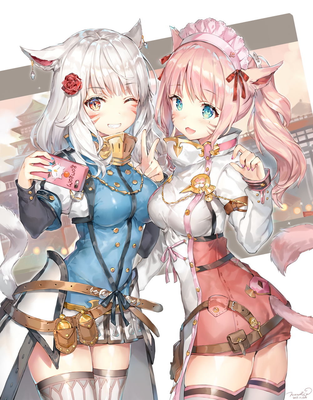 2girls animal_ears artist_name bangs beltskirt blue_eyes blue_nails breasts cellphone coat cowboy_shot dated eyebrows_visible_through_hair final_fantasy final_fantasy_xiv flower from_side grin hair_flower hair_ornament hand_up hands_up headdress highres holding holding_phone long_hair long_sleeves looking_at_viewer medium_breasts miqo'te momoko_(momopoco) multiple_girls nail_polish one_eye_closed phone pink_hair red_eyes red_flower red_nails self_shot sidelocks signature silver_hair slit_pupils smartphone smile tail teeth thigh-highs thighs v whisker_markings white_coat white_legwear zettai_ryouiki