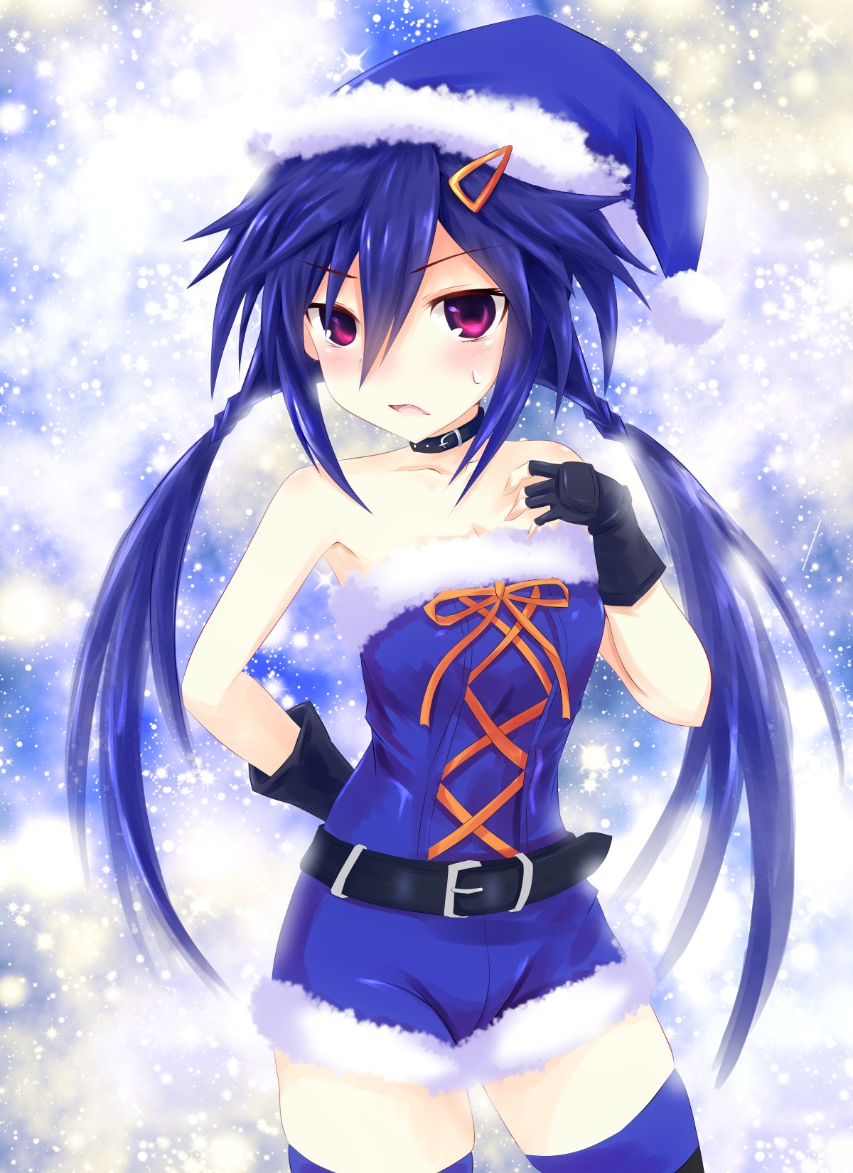 1girl ankokuboshi_kurome arm_behind_back bare_shoulders black_belt blue_hair blue_santa_costume blush braid choker fingerless_gloves gloves hair_ornament hairclip hat highres long_hair looking_at_viewer neptune_(series) niche-tan open_mouth santa_costume santa_hat shin_jigen_game_neptune_vii solo twin_braids twintails violet_eyes