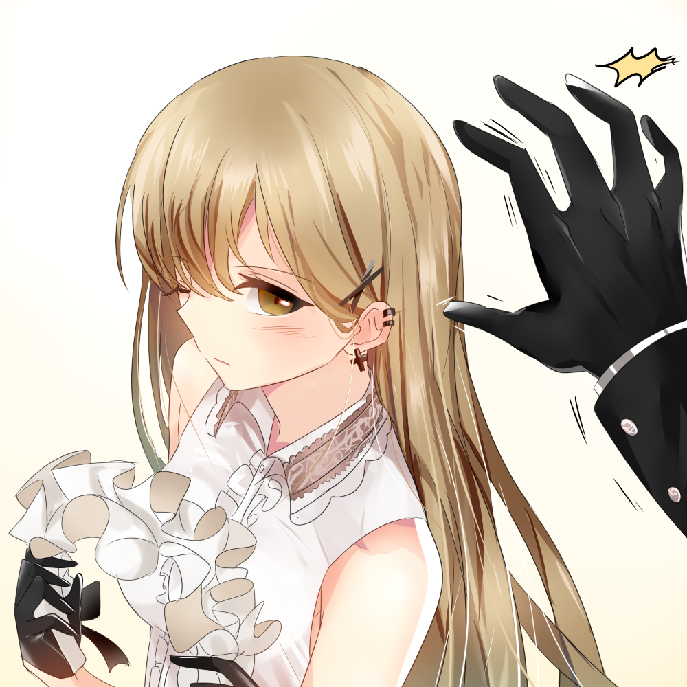 1girl aiguillette armpit_peek bangs black_bow black_gloves black_ribbon blush bow breasts closed_mouth corset cuff_links dress earrings expressionless eyebrows_visible_through_hair frills girls_frontline gloves gradient gradient_background hair_between_eyes hair_ornament hairclip headwear_removed holding_headdress iron_cross jewelry light_brown_eyes light_brown_hair long_hair looking_at_viewer maid_headdress medium_breasts one_eye_closed orange_bow orange_ribbon ppk_(girls_frontline) puffy_short_sleeves puffy_sleeves ribbon short_sleeves simple_background solo standing white_bow white_ribbon x_hair_ornament