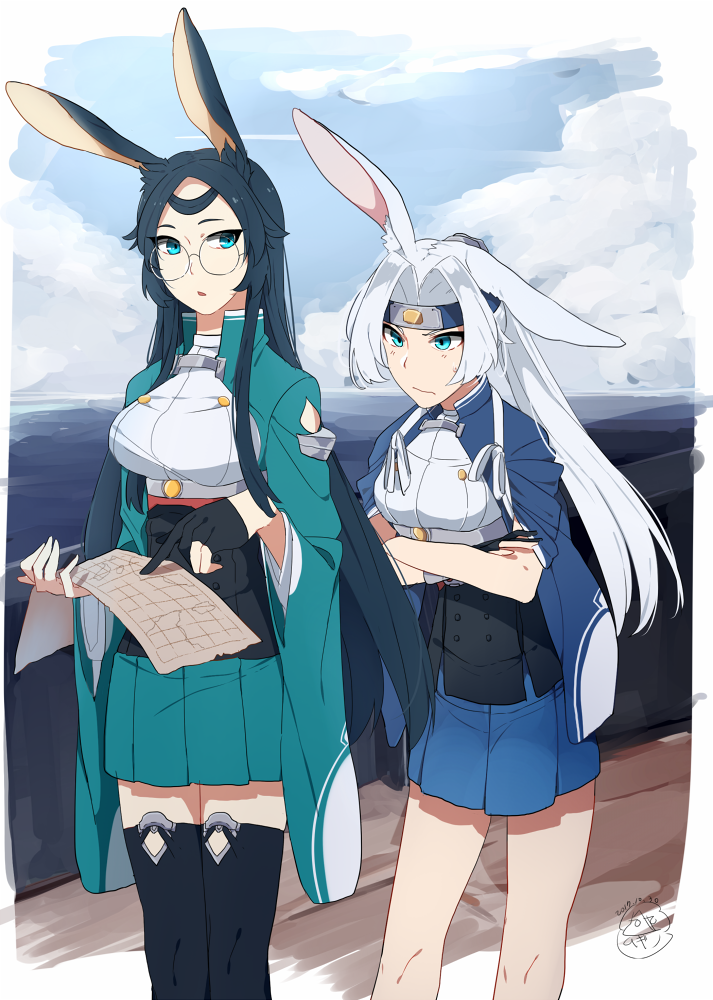 2girls animal_ears aqua_eyes asymmetrical_gloves azur_lane black_hair black_legwear chestnut_mouth crossed_arms dated forehead_protector glasses gloves headband hiryuu_(azur_lane) japanese_clothes long_hair long_sleeves map mugino multiple_girls partly_fingerless_gloves pleated_skirt pointing ponytail rabbit_ears signature silver_hair skirt souryuu_(azur_lane) sweatdrop tasuki thigh-highs wavy_mouth white_sleeves