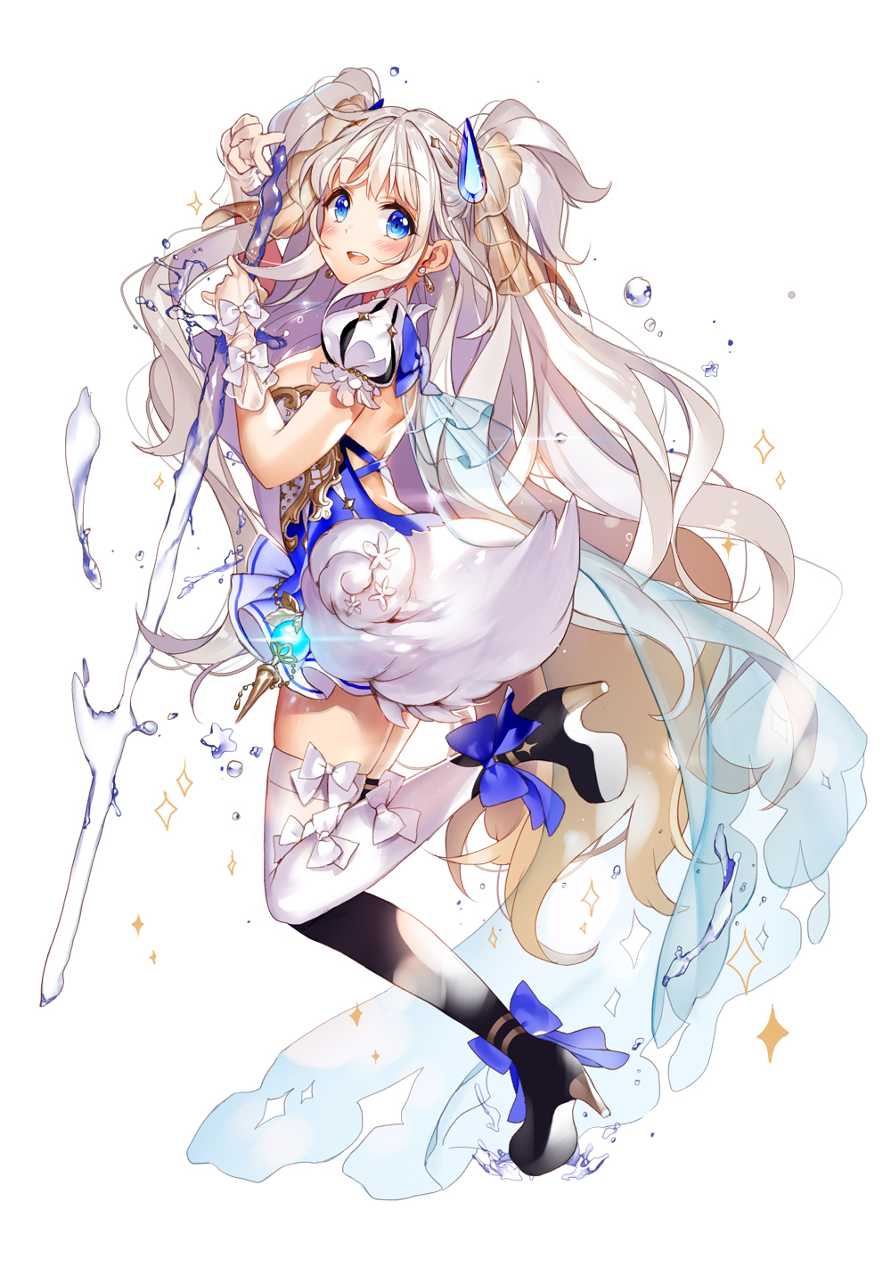 1girl arm_up bangs blue_dress blue_eyes blush breasts dress dutch_angle eyebrows_visible_through_hair fantasy from_side hand_up highres long_hair looking_at_viewer magic magical_girl medium_breasts open_mouth original short_dress sidelocks silver_hair simple_background skirt smile solo sparkle starpri tareme teeth thighs two_side_up v very_long_hair water wavy_hair white_background white_skirt