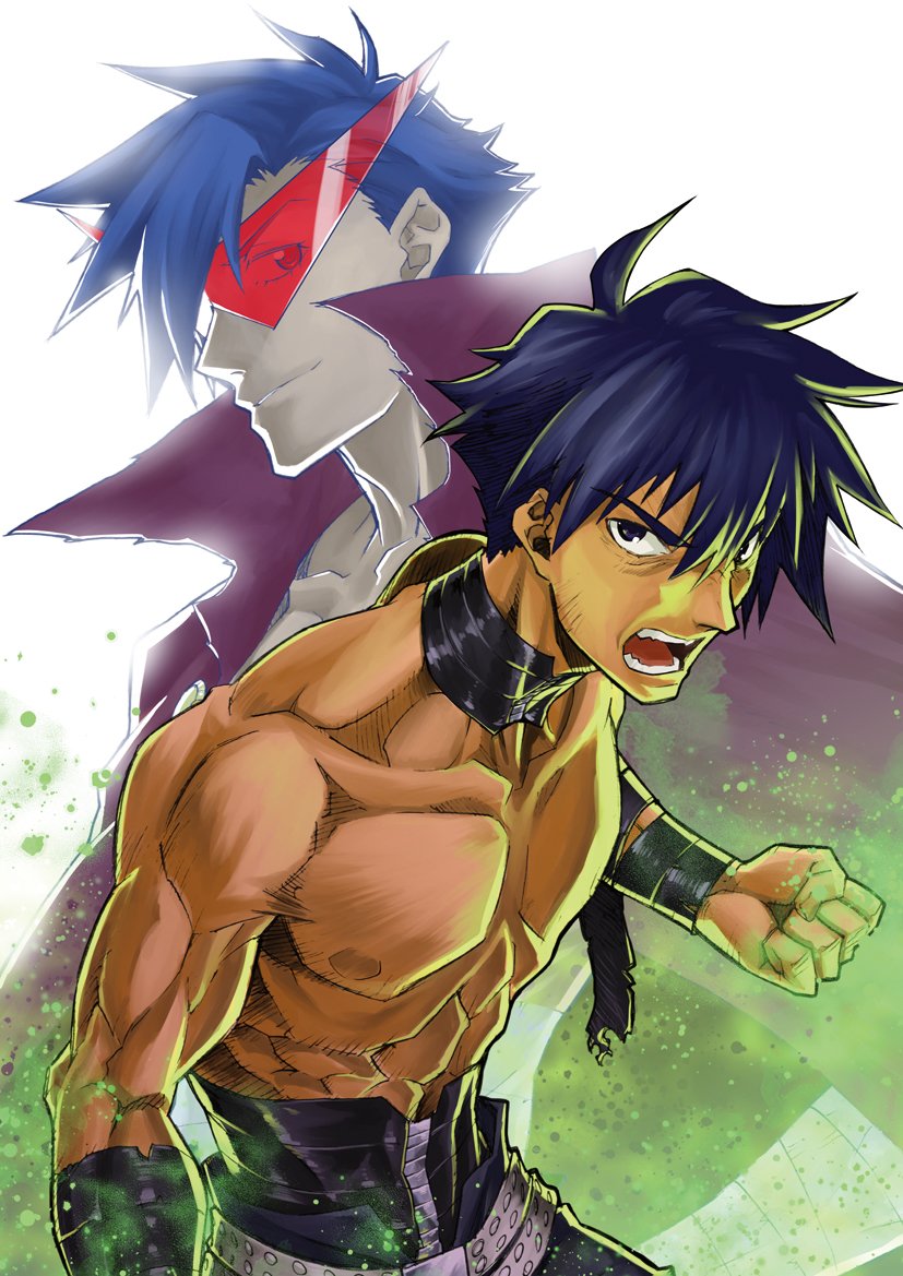 2boys belt blue_hair cape clenched_hand kamina kamina_shades mori_kotarou multiple_boys muscle open_mouth sarashi shirtless simon spiral_power tengen_toppa_gurren_lagann torn_clothes