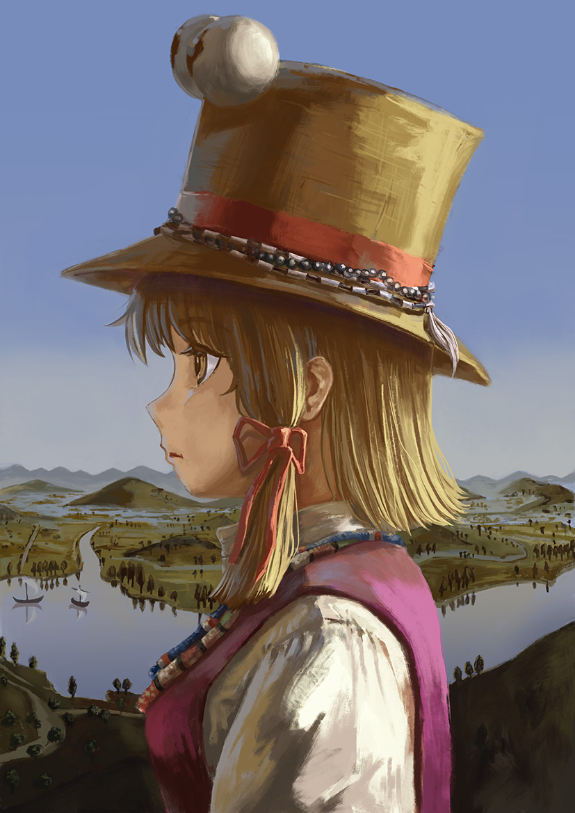 1girl adapted_costume amibazh backlighting bangs beads blonde_hair blue_sky boat clouds commentary_request day fine_art_parody hair_ribbon hat hat_ornament hill horizon looking_afar moriya_suwako mountain parody parted_lips profile purple_vest ribbon river road scenery shirt short_hair sky solo stream sunlight touhou tree turtleneck vest watercraft white_shirt yellow_eyes