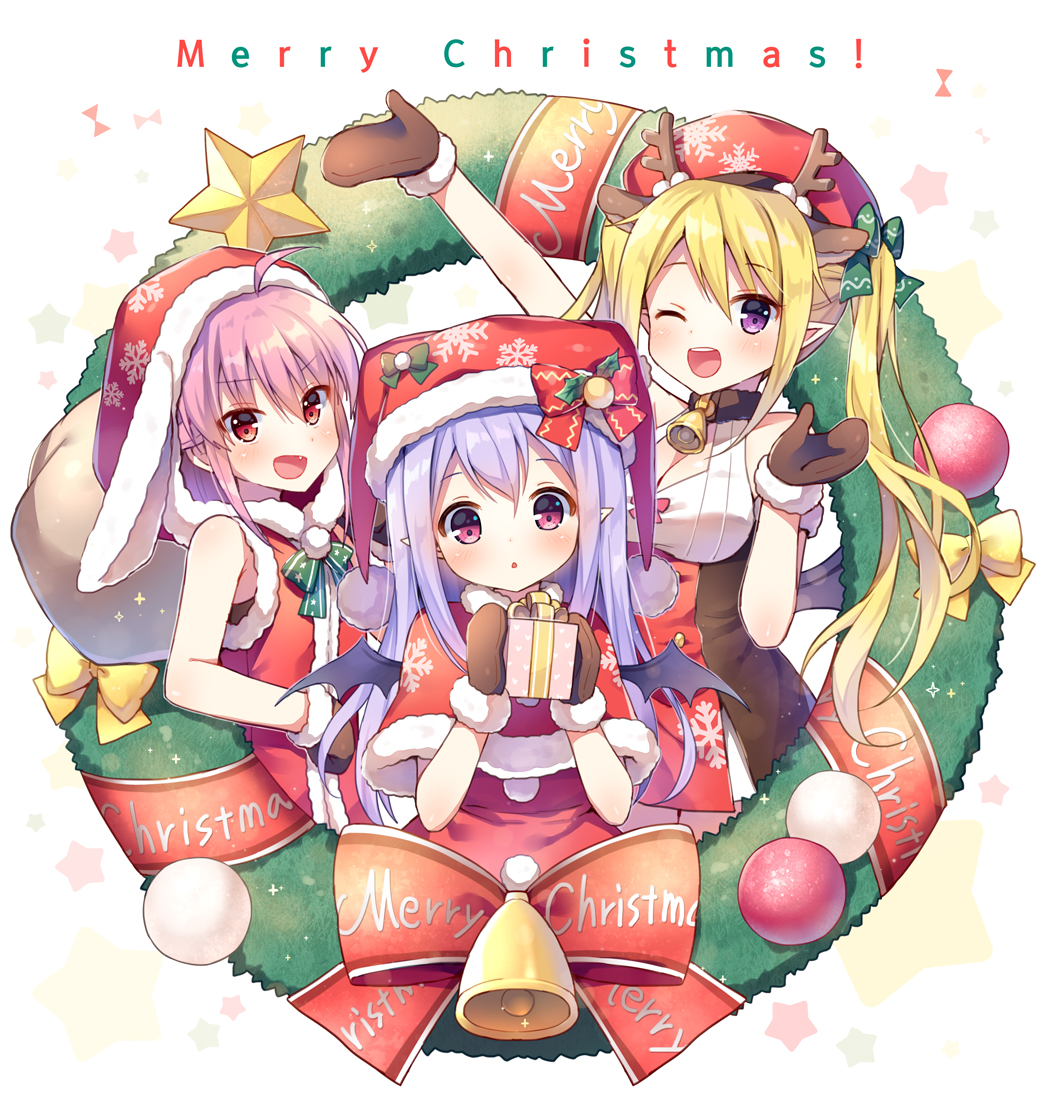 3girls :d :o ;d ahoge animal_ears animal_hood antlers arm_up bangs bare_shoulders bell blonde_hair blush bow box brown_dress brown_mittens bunny_hood christmas christmas_ornaments christmas_wreath commentary_request demon_wings dress eyebrows_visible_through_hair fang fur-trimmed_capelet fur-trimmed_dress gift gift_box hair_between_eyes hat heart heart_print holding holding_gift hood hooded_dress long_hair looking_at_viewer mauve merry_christmas mittens multiple_girls official_art one_eye_closed open_mouth outstretched_arm parted_lips pink_hair pio_(potion_maker) pleated_dress potion_maker purple_hair red_capelet red_dress reindeer_antlers reindeer_ears santa_costume santa_hat sleeveless sleeveless_dress smile star tia_(potion_maker) tirami_(potion_maker) twintails very_long_hair violet_eyes wings yellow_bow