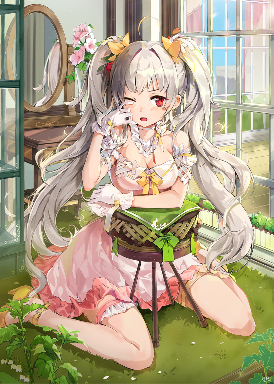 1girl bosack breasts cleavage dress flower full_body gloves grey_hair highres inside medium_breasts mirror one_eye_closed open_mouth original pink_dress plant red_eyes sitting solo stool twintails wariza white_gloves window
