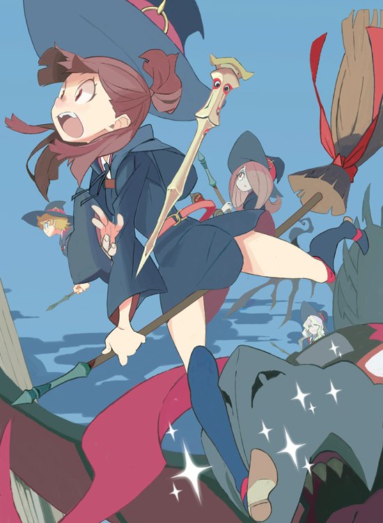 broom broom_riding brown_hair diana_cavendish hair_over_one_eye half-closed_eyes hat kagari_atsuko little_witch_academia long_hair lotte_jansson luna_nova_school_uniform multiple_girls pale_skin red_eyes short_hair simple_background sucy_manbavaran wand witch witch_hat yuuki_(irodo_rhythm)