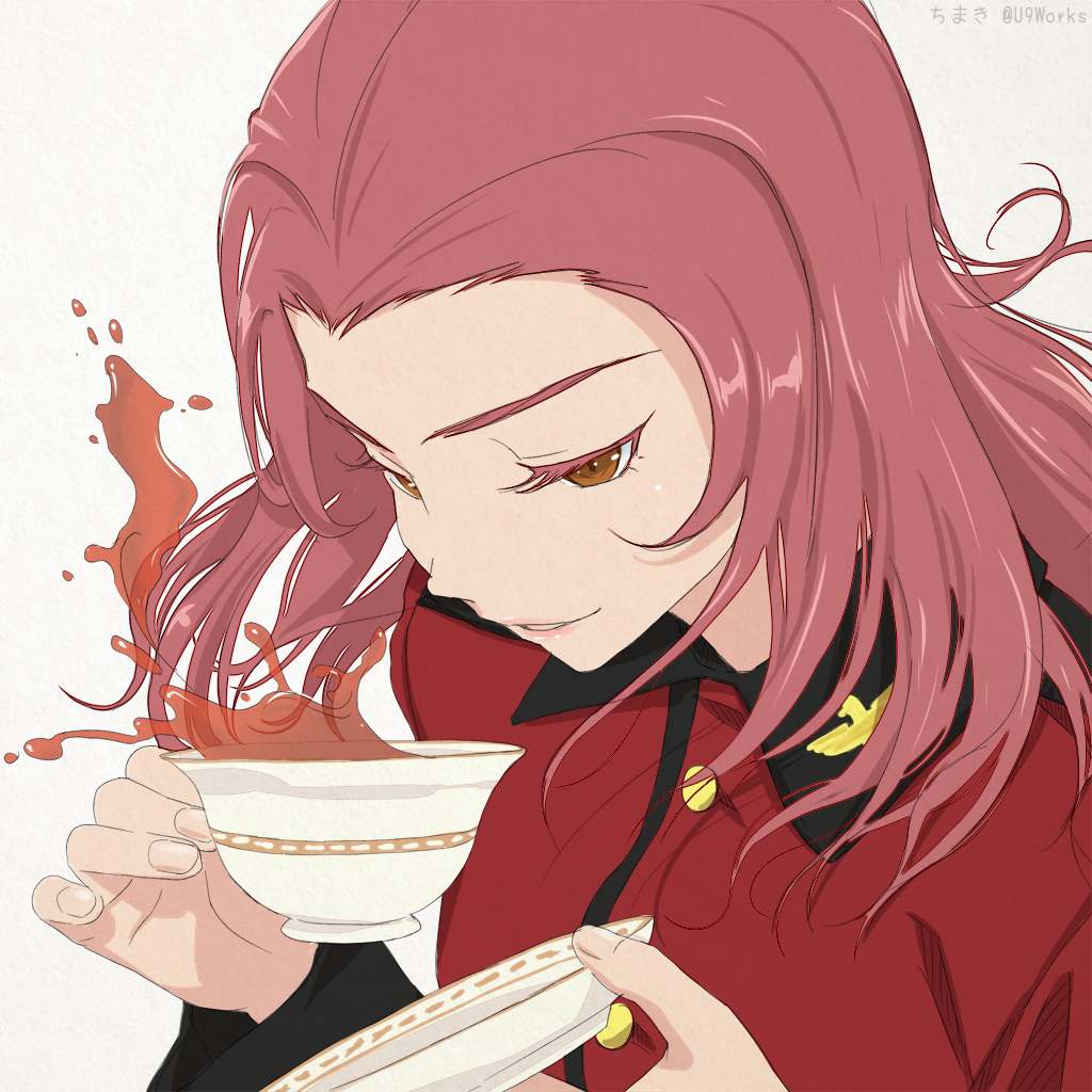 1girl brown_eyes chimaki_(u9works) colored_eyelashes cup dutch_angle lips long_hair pink_hair pink_lis saucer sketch solo st._gloriana's_military_uniform tea teacup white_background