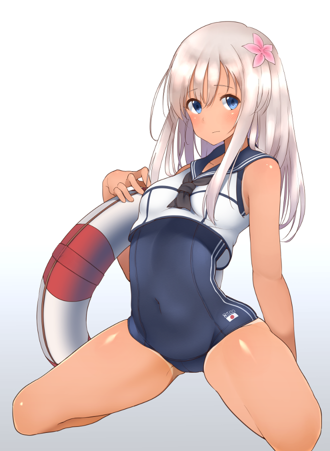 1girl blue_eyes commentary_request flower hair_flower hair_ornament hechi_(hechi322) kantai_collection lifebuoy long_hair looking_at_viewer ro-500_(kantai_collection) school_swimsuit school_uniform serafuku silver_hair simple_background sitting solo swimsuit swimsuit_under_clothes tan tanline thighs wariza