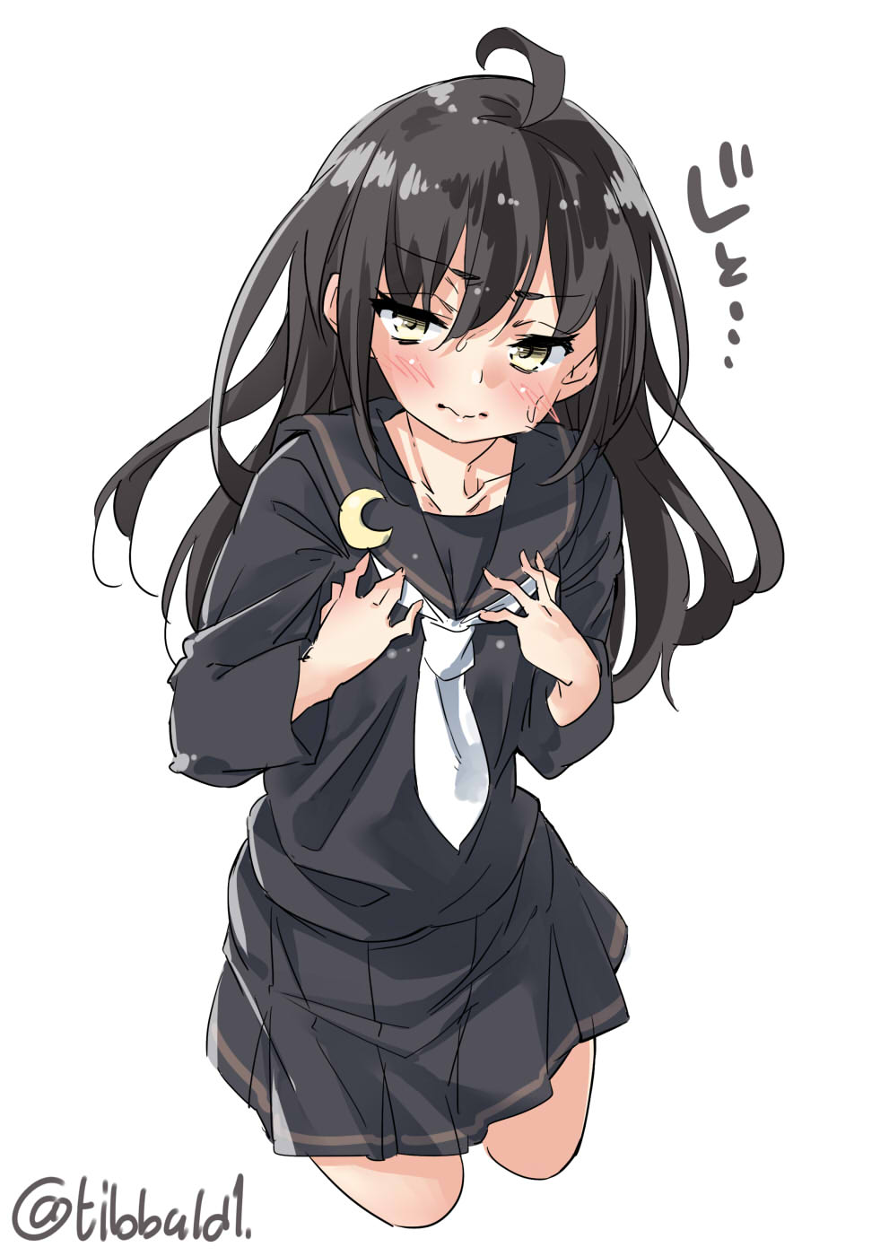 1girl ahoge bangs black_hair black_serafuku black_skirt blush closed_mouth cowboy_shot crescent crescent_moon_pin cropped_legs ebifurya eyebrows_visible_through_hair hair_between_eyes hands_on_own_chest highres kantai_collection long_hair long_sleeves looking_at_viewer mikazuki_(kantai_collection) necktie pleated_skirt school_uniform serafuku sidelocks simple_background skirt solo sweat twitter_username white_background white_neckwear yellow_eyes