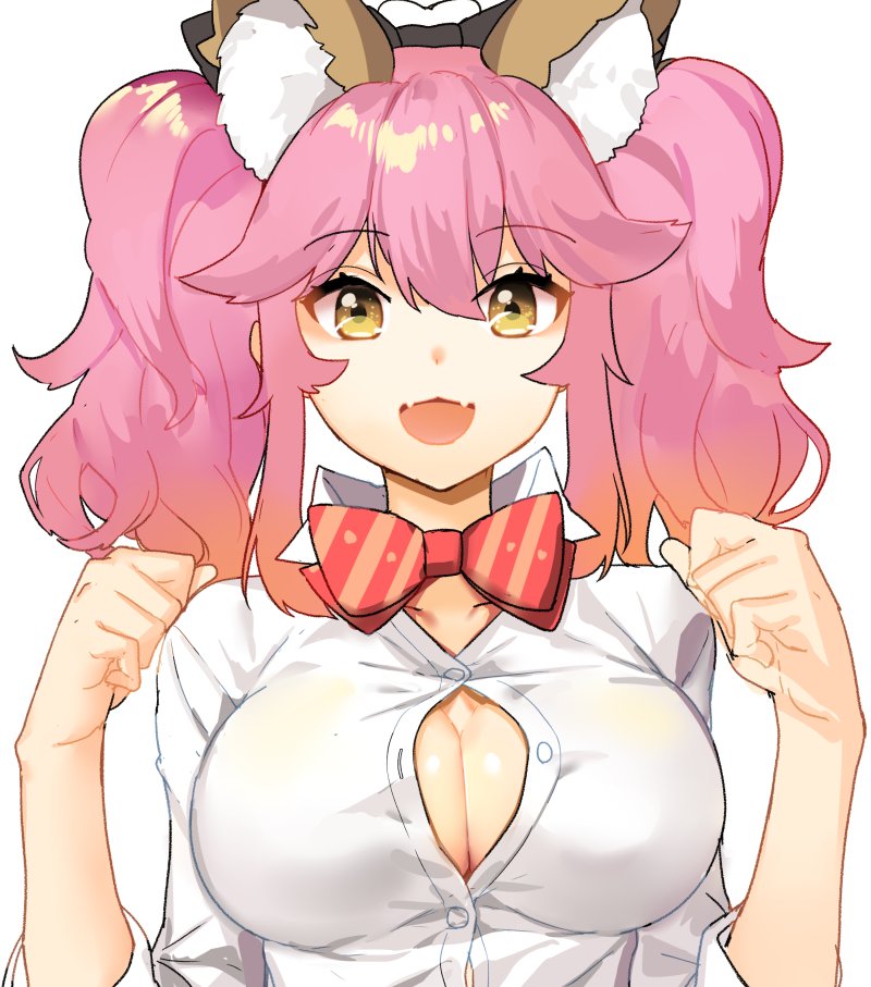 1girl :d animal_ears bow bowtie breasts bursting_breasts cleavage eyebrows_visible_through_hair fangs fate/extra fate/extra_ccc fate_(series) fox_ears hair_bow large_breasts looking_at_viewer open_mouth pink_hair shovelwell sidelocks simple_background smile solo tamamo_(fate)_(all) tamamo_no_mae_(fate) twintails upper_body white_background yellow_eyes