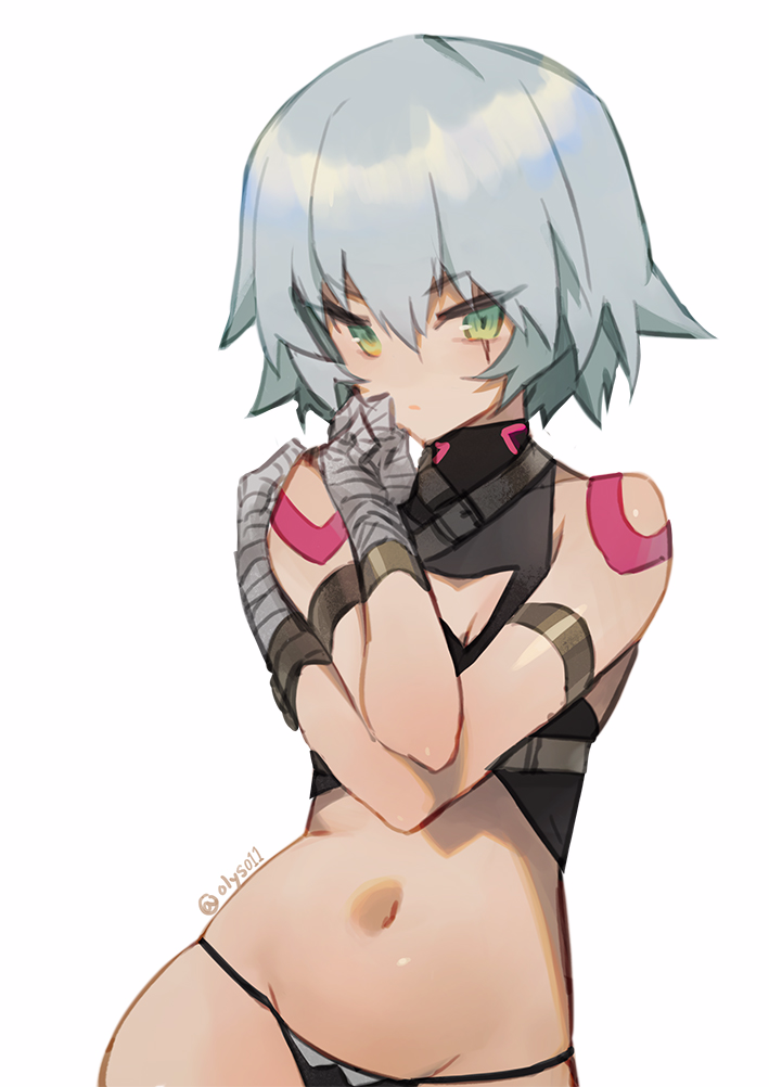 1girl armband assassin_of_black bandage bandaged_arm bangs black_panties blush breasts closed_mouth contrapposto eyebrows_visible_through_hair fate/apocrypha fate_(series) grey_hair hair_between_eyes halter_top halterneck hands_up looking_at_viewer navel olys panties scar scar_across_eye short_hair silver_hair simple_background small_breasts solo tsurime underwear upper_body white_background