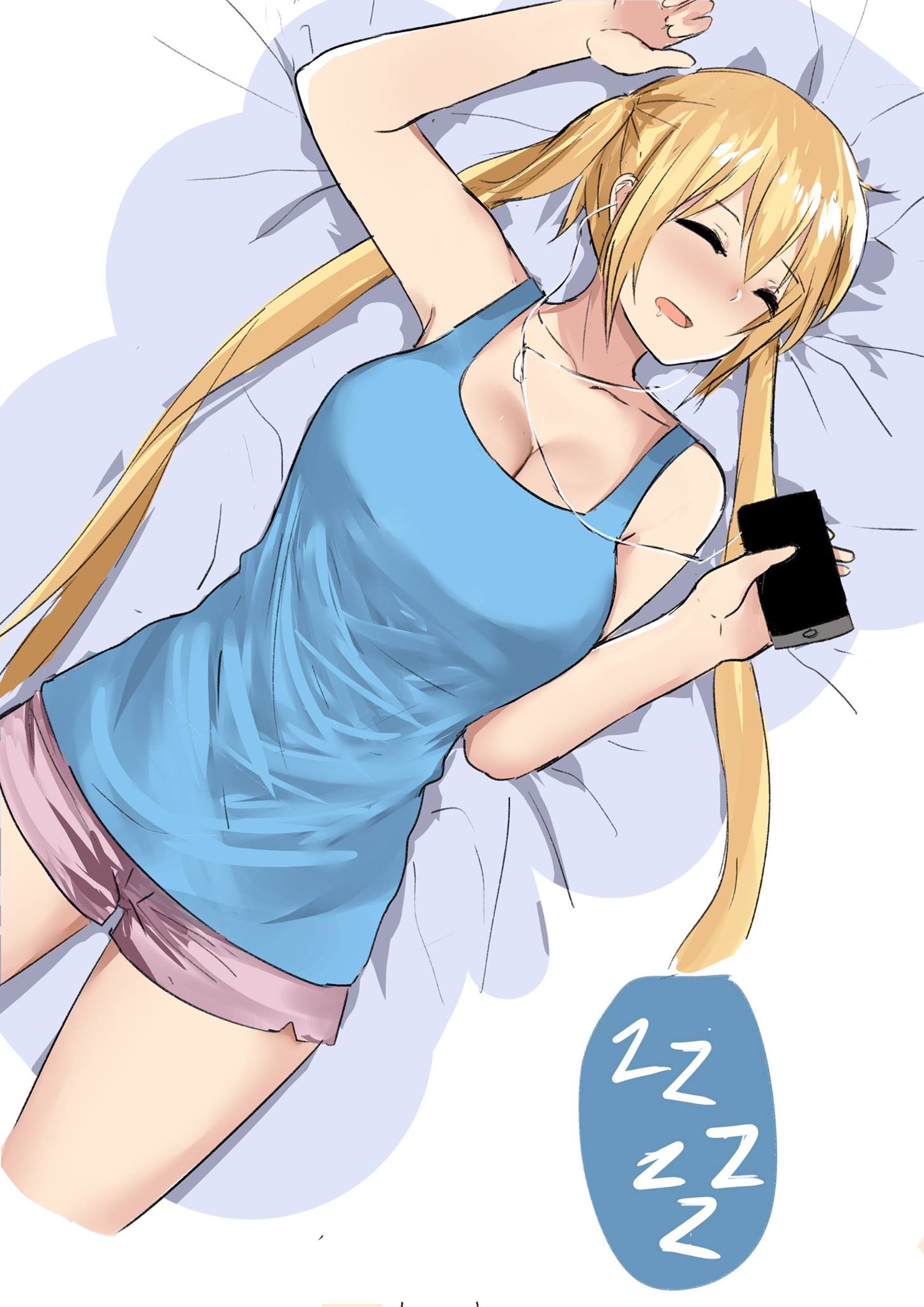 1girl bare_shoulders blend_s blonde_hair blue_eyes blue_tank_top breasts cellphone cleavage closed_eyes cowboy_shot earphones highres hinata_kaho holding holding_phone large_breasts long_hair lying norman_maggot on_back on_bed open_mouth phone short_shorts shorts sleeping sleeveless smartphone tank_top